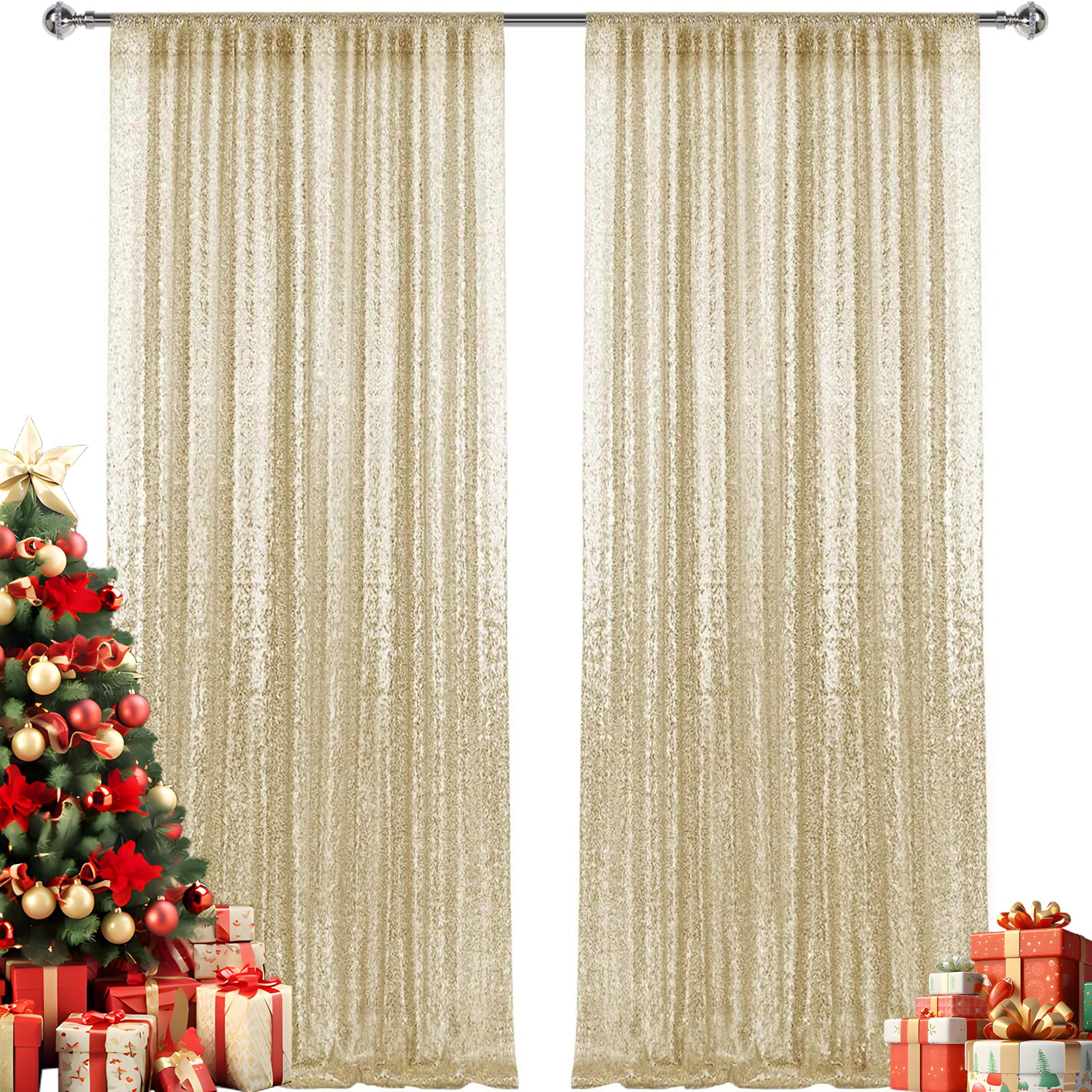 Photo 1 of **UNKNOWN MISSING PIECES*** 2×8FT-2PCS Champagne Gold Sequin Backdrop Curtains Panels, Photography Backdrop Glitter Curtains Fabric Background for Christmas Wedding Party Decor