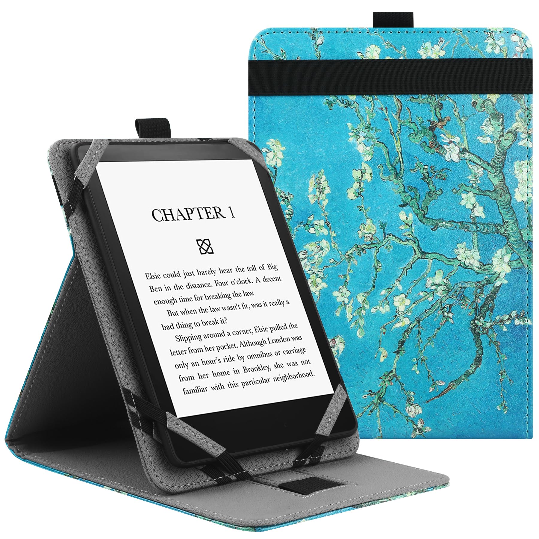 VOVIPO Universal Protective Case for 6" 6.8" 7" kindle paperwhite eReaders, Folio Stand Cover with Handstrap Compatible with kindle paperwhite/Kobo/Pocketook/Sony 6/6.8/7 inch-Apricot Flower