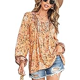 Vogebund Women's Bohemian Tunic Tops Floral Printed V Neck Babydoll Blouses Casual Balloon Long Sleeve Boho Beach Shirts XX-Large Orange