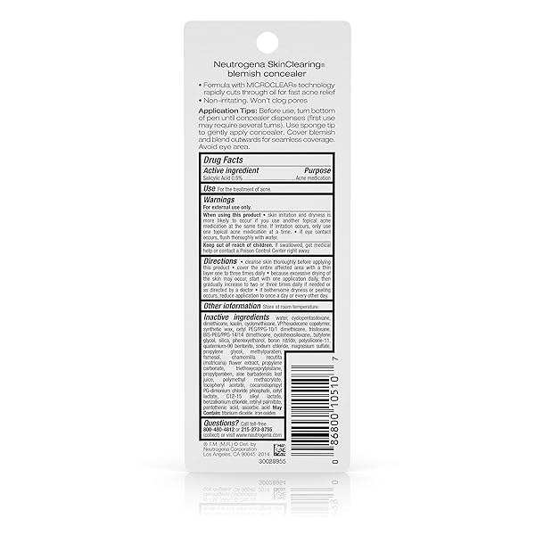 NEUTROGENA SKINCLEARING BLEMISH CONCEALER FACE MAKEUP WITH SALICYLIC ACID ACNE MEDICINE, NON-COMEDOGENIC AND OIL-FREE CONCEALER HELPS COVER, TREAT & PREVENT BREAKOUTS, LIGHT 10,.05 OZ