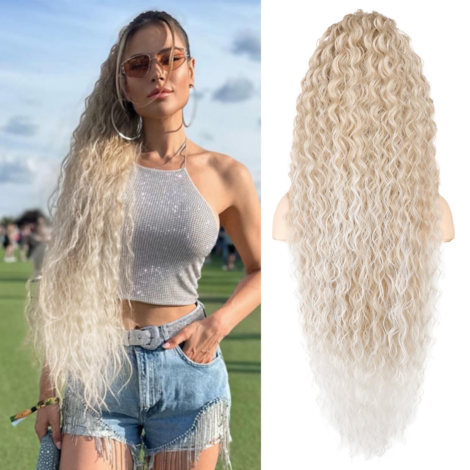 Photo 1 of SEIKEA 36" Drawstring Ponytail Extension Long Lightweight Full Natural Curly Fake Pony Tail Multi Layered Soft Clip in Hair Extensions Ponytail Synthetic Hairpiece, Light Ash Blonde Highlights