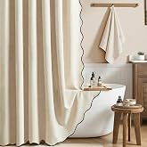 BTTN Beige Boho Scalloped Linen Textured Cloth Shower Curtain, 72x72, Cream | 230GSM Waterproof Polyester, Heavy Duty Fabric,