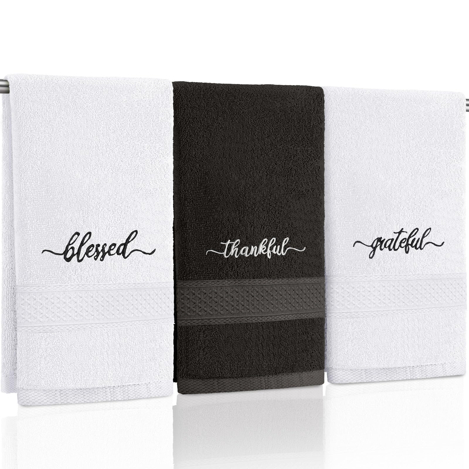 Photo 1 of Peryiter 3 Pcs Farmhouse Bathroom Decor Hand Towels 14x29 Inch Cotton Bath Towels Rustic Embroidered for Boho Kitchen Decor Inspirational Christian Gift(Black and White,Blessed Thankful Grateful)