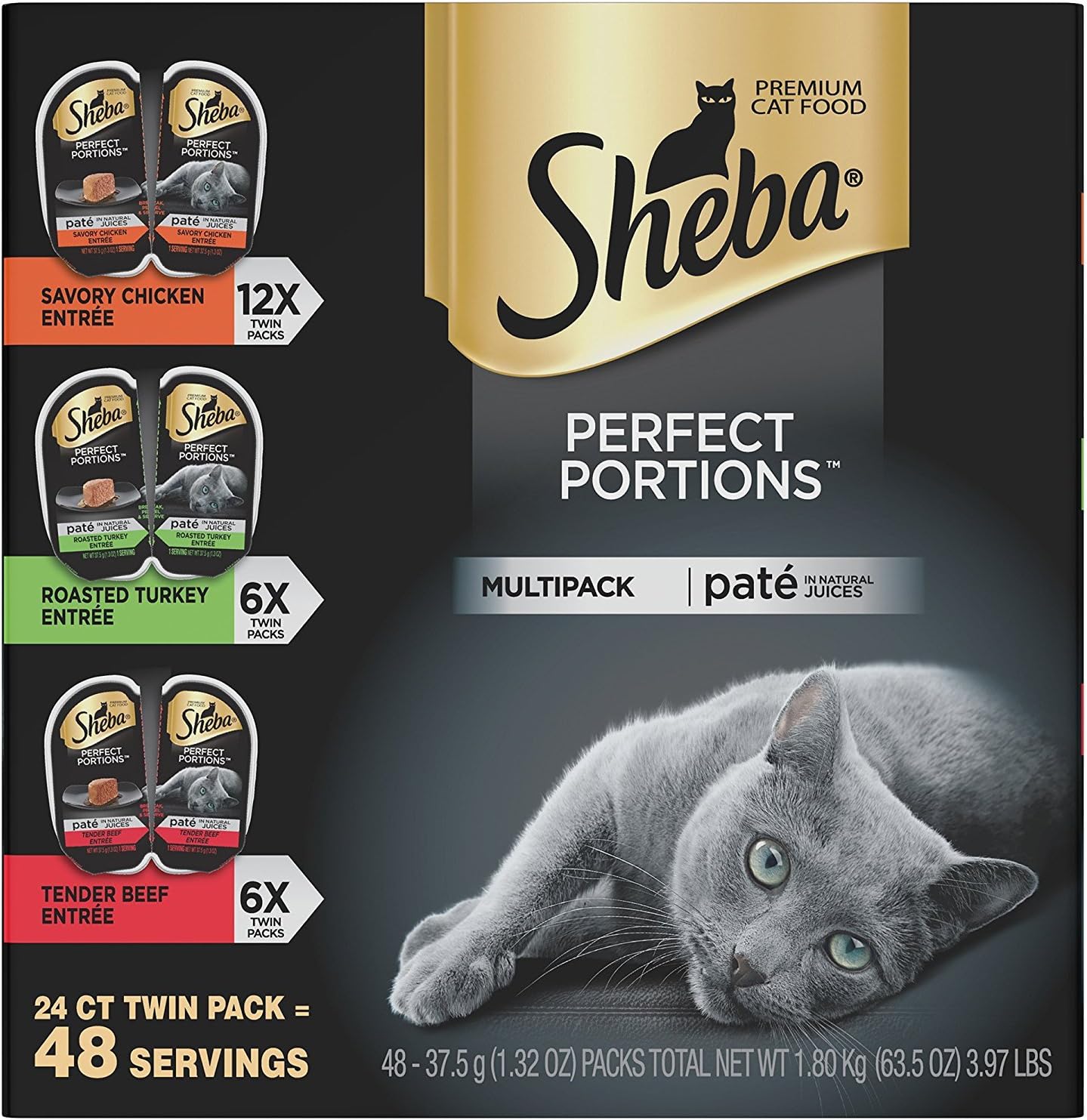 Sheba Perfect PORTIONS Wet Cat Food Paté in Natural Juices Savory Chicken, Roasted Turkey, Tender Beef Entrées Variety Pack, (44) 2.6 oz. Twin-Pack Trays (44 Pack)