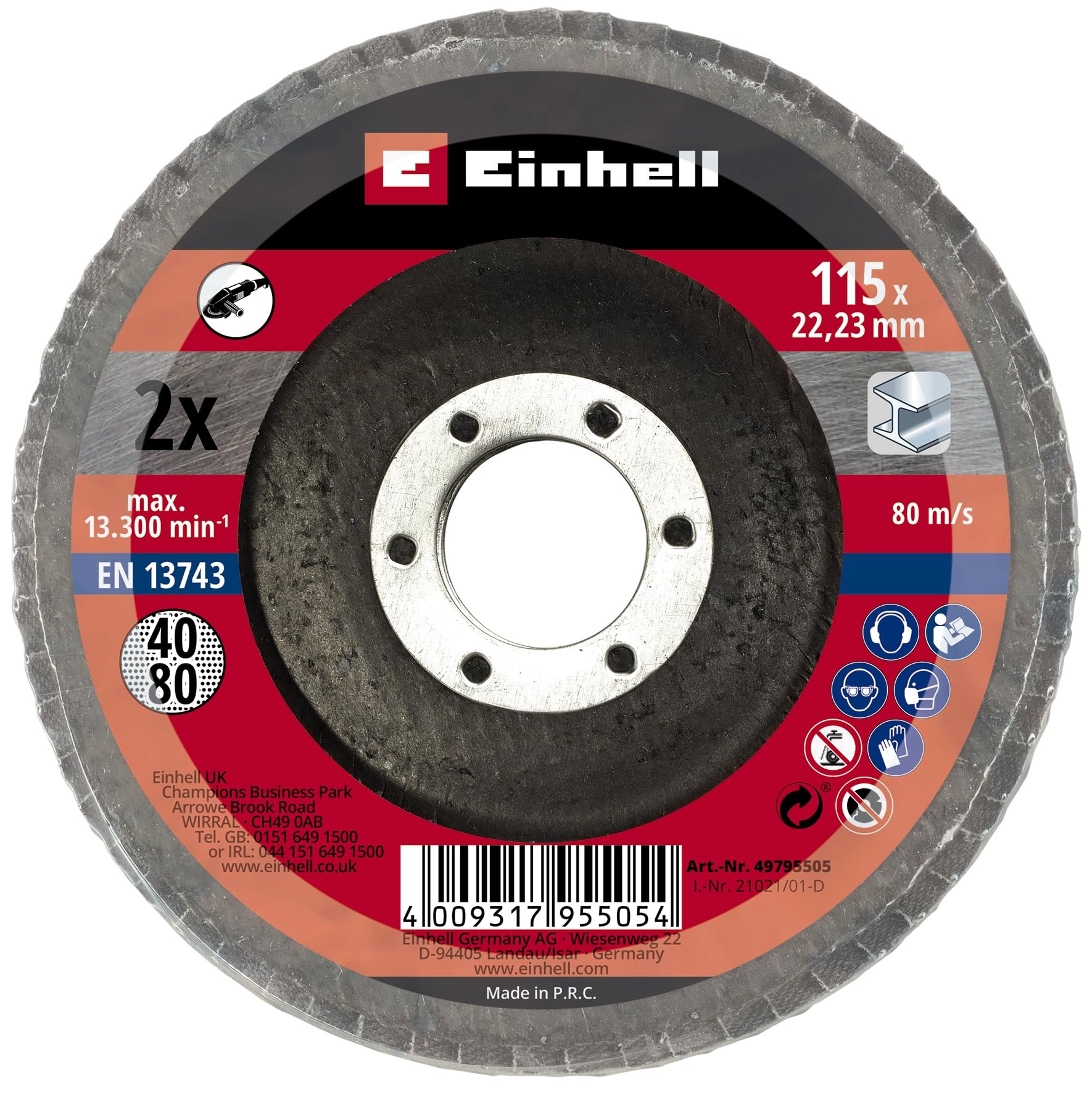 Original Einhell 2-Piece Serrated Disc Set (Angle Grinder Accessories, Grain P40 and P80, Diameter 115 x 22.23 mm, Sanding Mop, Flap Discs for Metal and Steel)