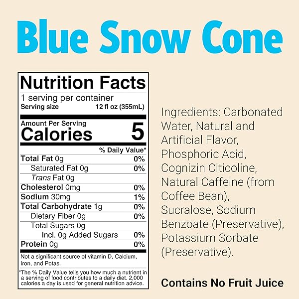 BUM SUGAR-FREE ENERGY DRINK, BLUE SNOW CONE – LIGHTLY CARBONATED & NO ARTIFICIAL COLORS, NATURAL CAFFEINE & CITICOLINE FOR ENERGY & FOCUS, BRAIN BOOST & WORKOUT SPORTS BEVERAGE – 12 OZ, PACK OF 12