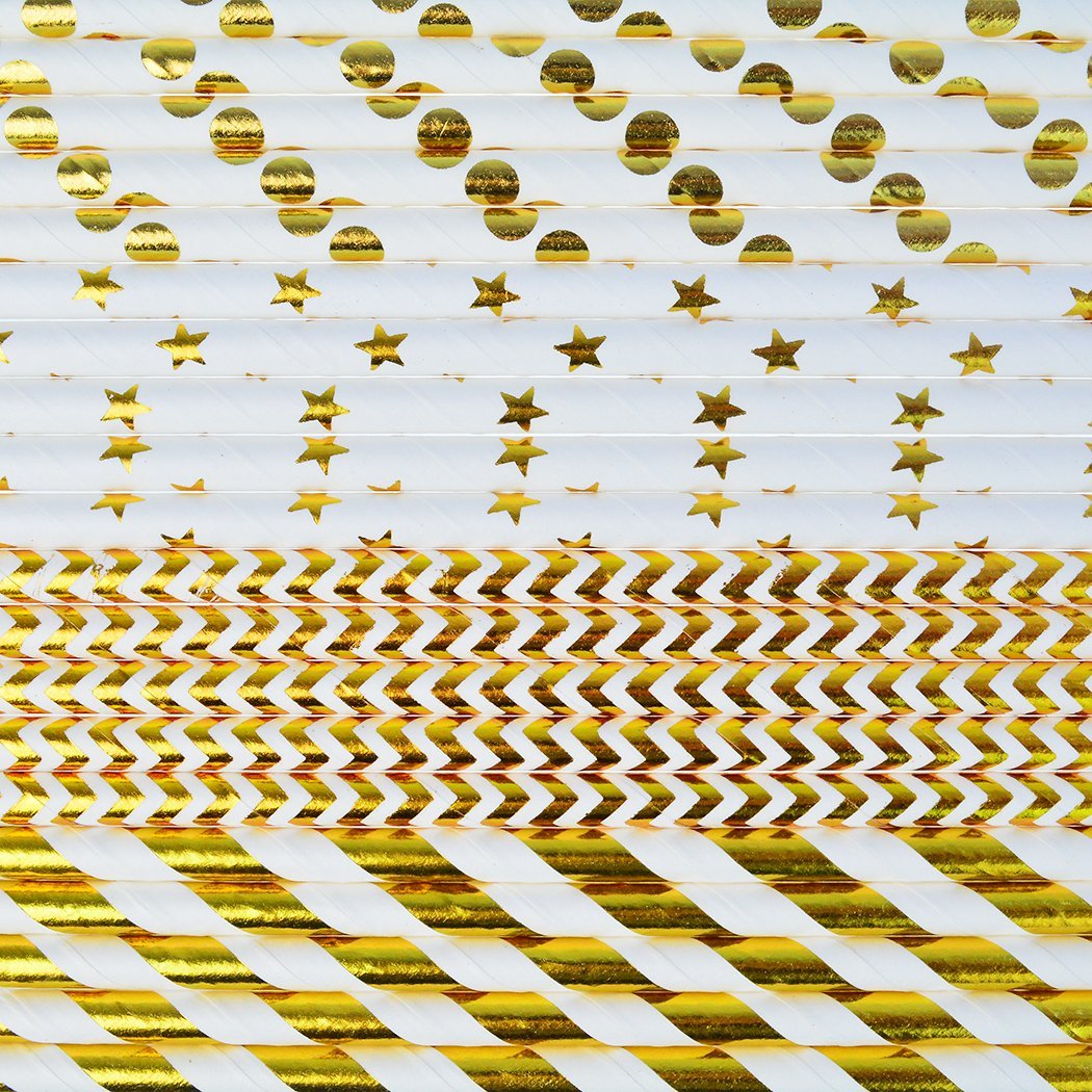200 pcs Biodegradable Paper Straw with 8 Sheets Stickers, Drinking Straws for Birthdays, Weddings, Baby Showers, Celebrations and Parties, Gold, White