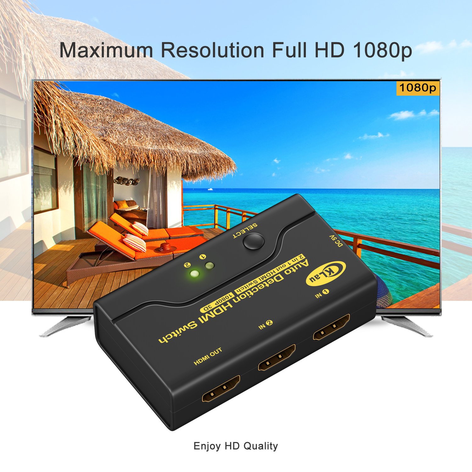 CKLau 2 Port HDMI Switch 2 In 1 Out Auto HDMI Switch Box Supports Full HD 1080P 3D for HDTV, Apple TV, Roku, Fire Stick, PC, Laptop, Xbox 360, PS3, PS4, Blu-Ray Player, Nintendo Switch, DVD