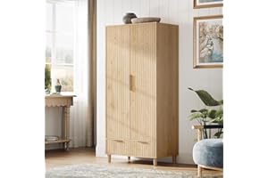 VINGLI Fluted Wardrobe Closet Armoire with Doors And Drawers, Wardrobe Cabinet with Hanging Rack, Bedroom Closet Wood, Oak Free Standing Armoire with Shelf and Solid Wood Legs, 31.5"W*19.7"D*69.3"H