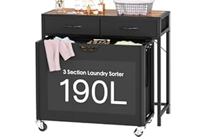 FIONESO Rolling Laundry Basket with 3 Section Pull-Out Bags, Laundry Hamper with 2 Drawers, 2-Tone Top Panel Laundry Sorter, 