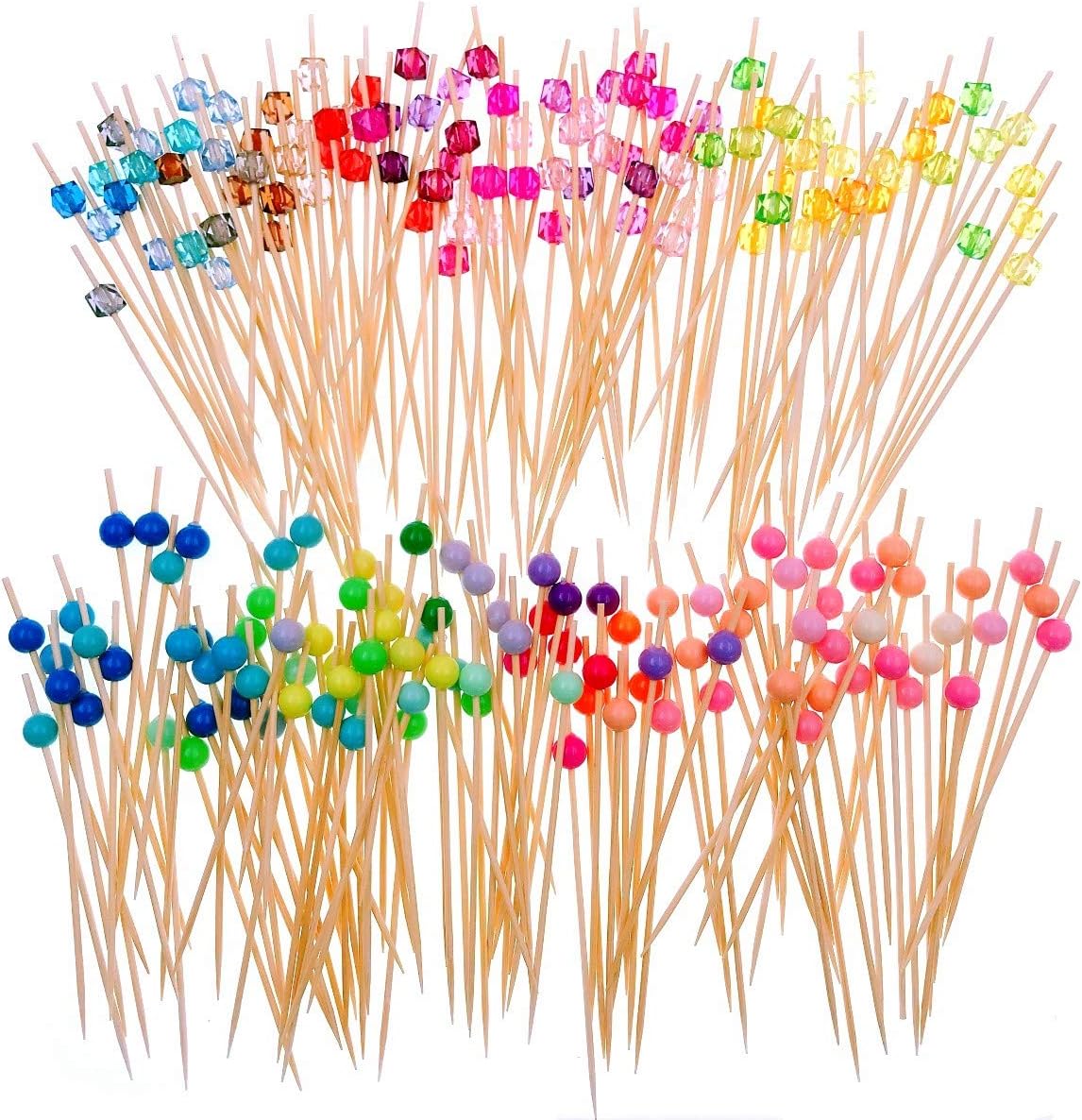 JZK 200 Bamboo Wooden Cocktail Stick with Colourful Acrylic Bead 12cm