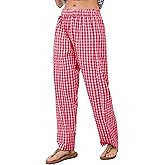 Livtany Women's Mid-Rise Plaid Wide Leg Lounge Long Pant Classic Gingham Print Stretchy Elastic Waist Trouser with Pocket Red