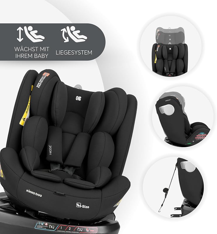 KikkaBoo Kindersitz 9-36 kg mit ISOFIX & 360° Drehung i-MOOVE 2, i-SIZE, 40-150 cm Reboarder, Rückwärts/Vorwärtsgerichtet, Verstellbare Kopfstütze, Liegefunktion, Schwarz