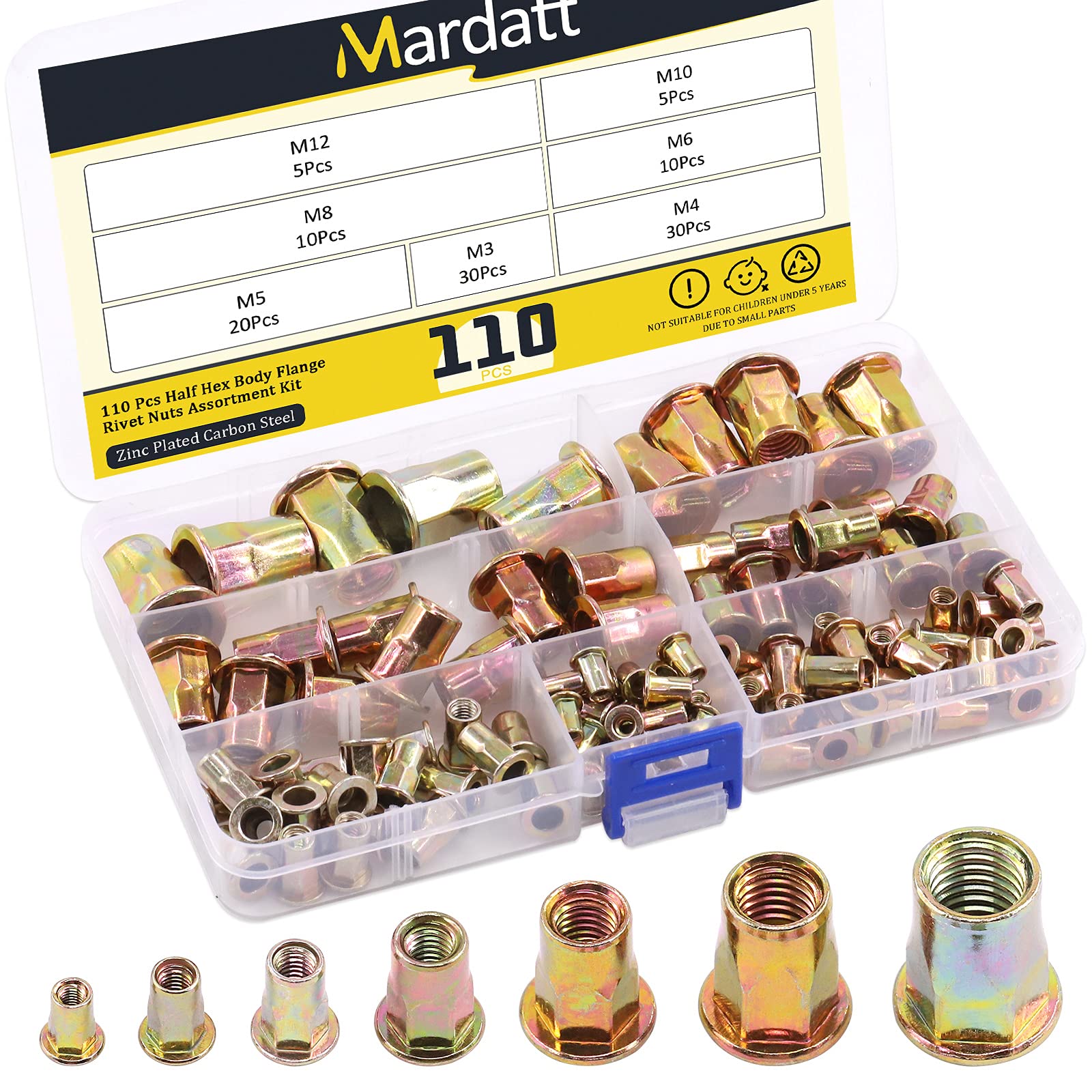 Mardatt Metric Hex Rivet Nut Assortment Kit Carbon Steel Hex Rivnut Flat Head Threaded Insert Nutserts (Assortment Kit-110pcs)