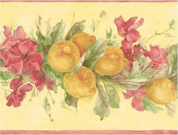 Amazon Com Prepasted Wallpaper Border Dark Lemons Pink Flowers On Vine Yellow Wall Border Retro Design Roll 15 Ft X 7 In Kitchen Dining