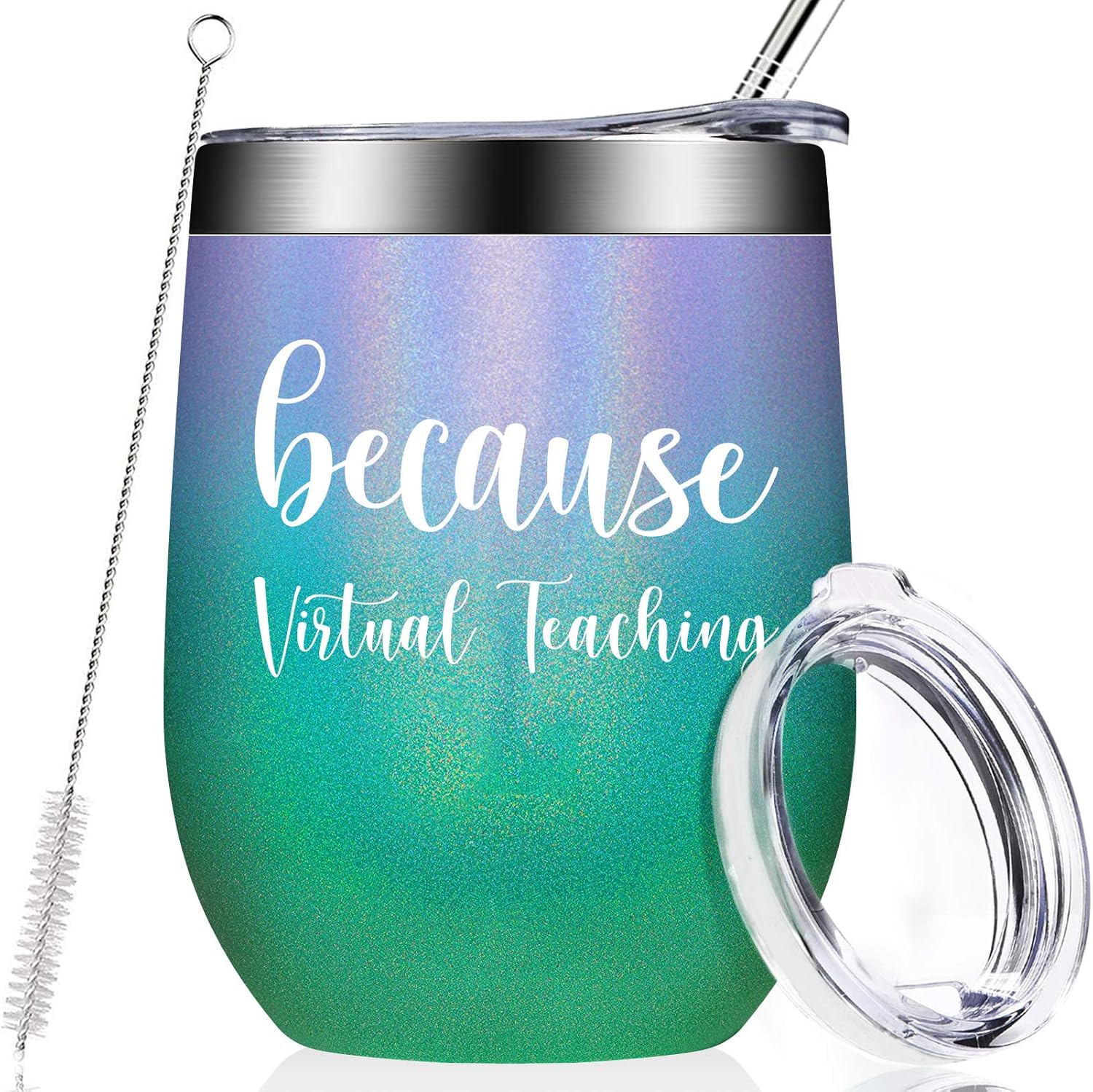 Because Virtual Teaching - Teacher Appreciation Gifts for Women, Funny Teacher Birthday Gifts Present Ideas - Online Learning for Professor, Teaching Assistant, Instructor, 12oz Wine Tumbler Cup