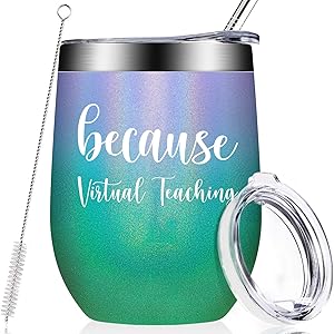Because Virtual Teaching - Teacher Appreciation Gifts for Women, Funny Teacher Birthday Gifts Present Ideas - Online Learning for Professor, Teaching Assistant, Instructor, 12oz Wine Tumbler Cup