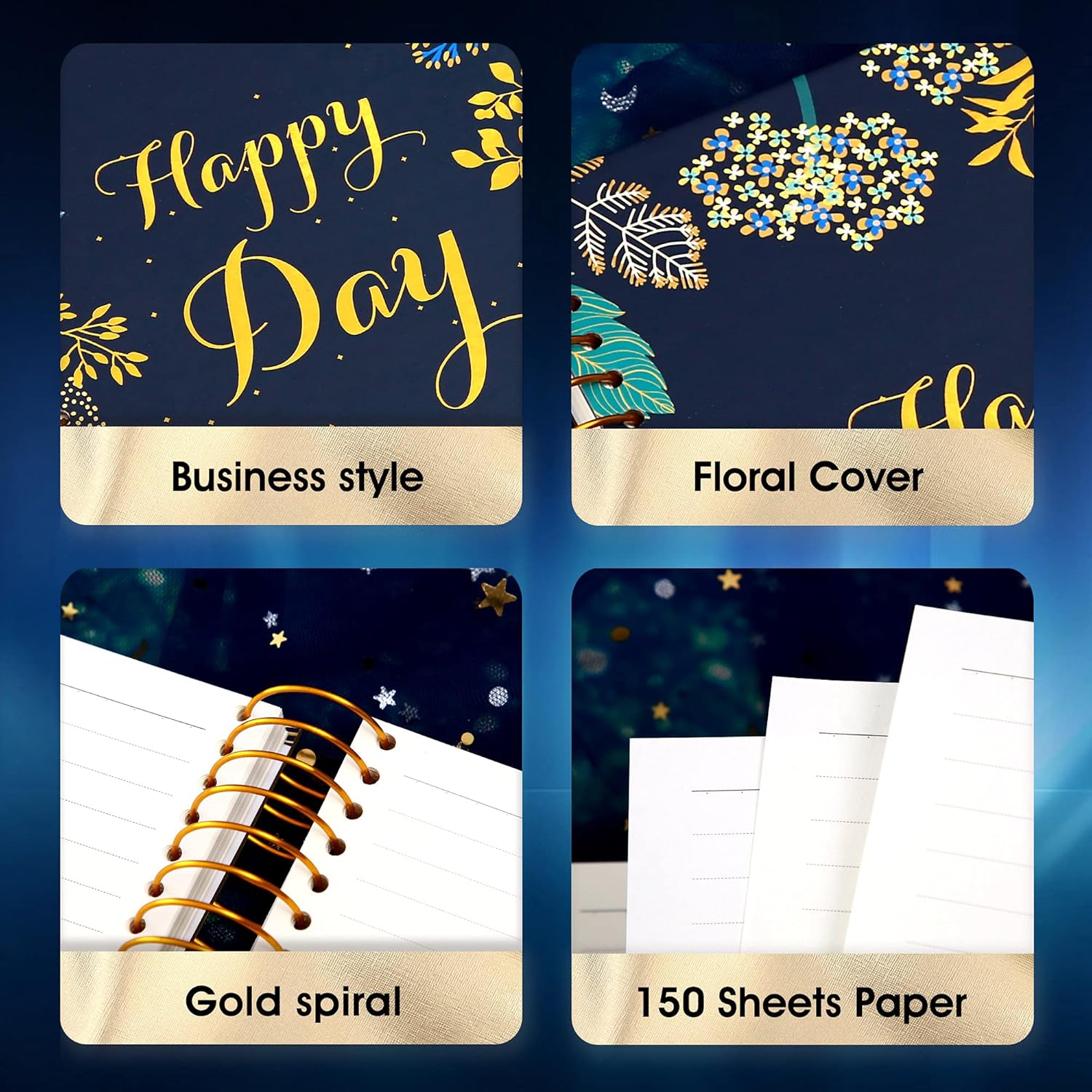 Floral Journal Spiral Notebook, Notes Journal Womens Notebook, College Ruled Pages, Perfect for School, Office & Home, Bold Golden Wire Binding, 180°Lay-Flat, 150 Sheets, 5.6" x 8.3"，Dark Blue : Office Products