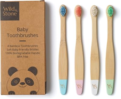 Wild & Stone Organic Baby Bamboo Toothbrush 4 Pack Soft Bristles Multicolour