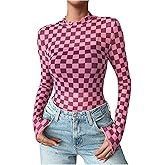 Floerns Women's Checker Print Long Sleeve T Shirts Sheer Mesh Plaid Print Tops