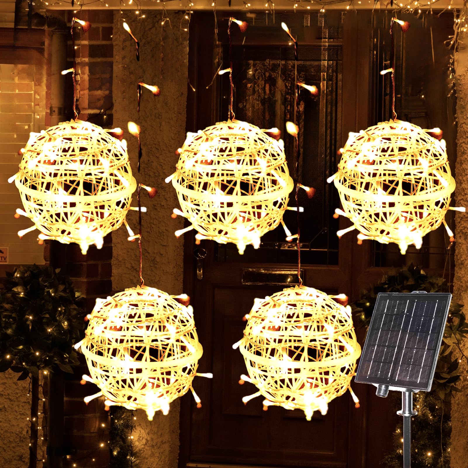 WISEgham Christmas Solar String Lights Outdoor, 5Pc 200LED 32.8ft Solar Powered Globe Fairy Lights Waterproof, 8 Modes Ball Lights Outside for Tree Garden Yard Porch Lawn Holiday Decor, Warm White