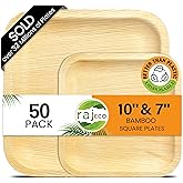 Raj Palm Leaf Plates Disposable Bamboo Plates 10 Inch & 7 Inch Square Bulk Party Pack (50 Pc) Compostable and Biodegradable - Better than Plastic & Paper Plate for Lunch, Birthday, Camping