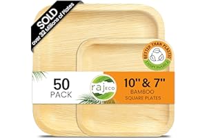 RAJ UNIQUE COLLECTION Raj Palm Leaf Plates Disposable Bamboo Plates 10 Inch & 7 Inch Square Party Pack (50 Pc) Compostable and Biodegradable - Better than Plastic & Paper Plate for Lunch, Birthday, Camping