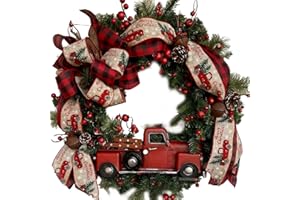 Red Truck Christmas Wreath for Front Door, Artificial Berry and Bowknot Holiday Decor for Indoor Outdoor Wall, Window, Firepl