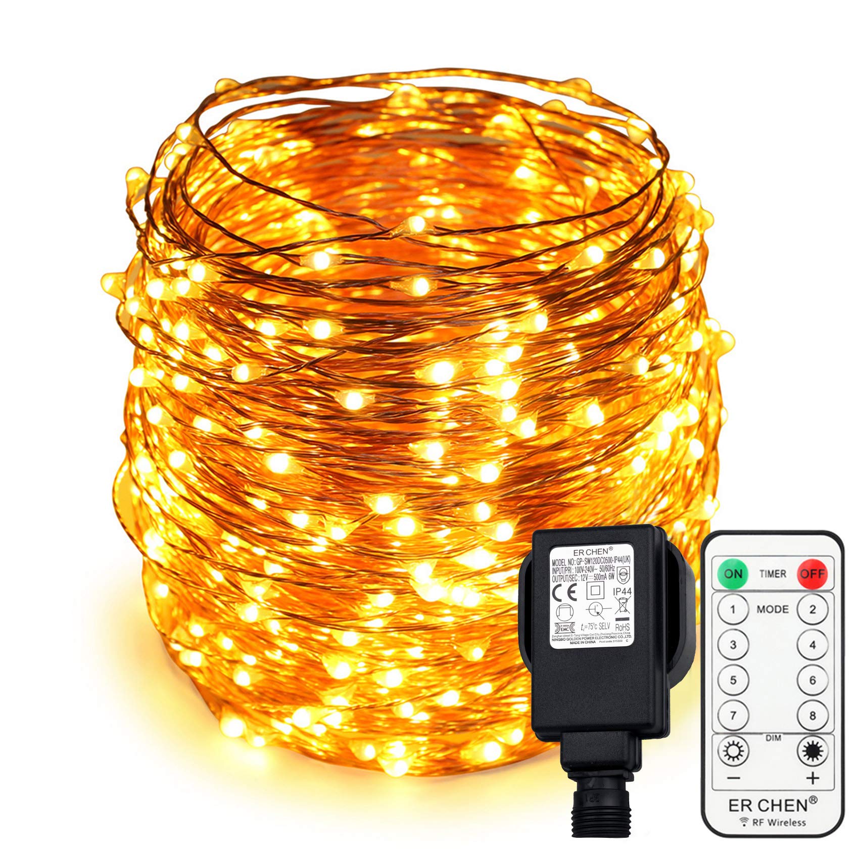 Erchen Plug in Fairy Lights, 165 FT 50M 500 LED Dimmable Copper Wire LED Starry String Lights with 12V DC Power Adapter RF Remote Control for Wedding Christmas Party Bedroom (Warm White)