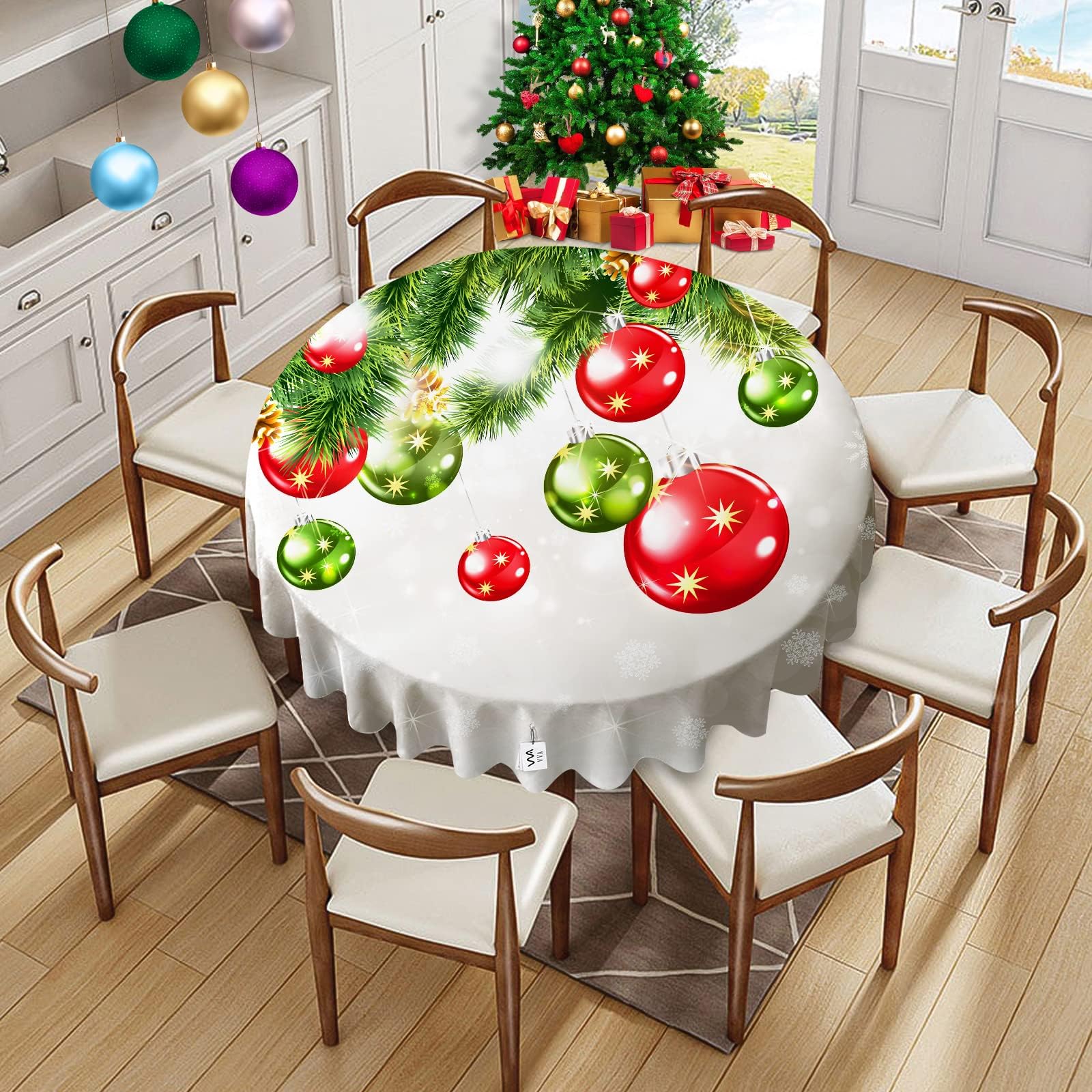 VVA Round Christmas Tablecloth New Year Colorful Xmas Balls Snowflake Baubles Ornaments Circle Tablecloths Christmas Table Cloth Winter Season for Gatherings Holiday Dinner Party 70 Inch