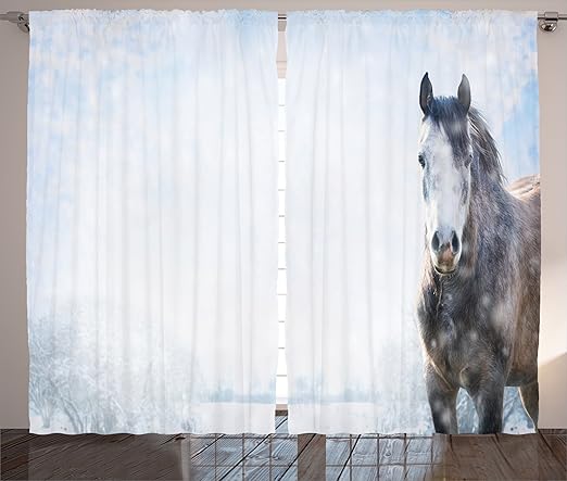 Amazon Com Ambesonne Country Curtains Grey Horse On Winter