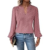 Falechay Womens Tops Swiss Dot Boho Long Sleeve Shirts V Neck Casual Chiffon Blouses Flowy Lace Hem Cute Clothing Trendy 2026