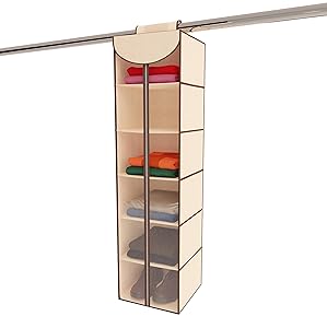 Ziz Home Hanging Closet Organizer with Zipper | 6 Shelves 12”x 12” 48" Closet Organizers and Storage Hanging Sweater Organizer for Closet Storage Hanging Clothes Sweater Shoe Storage Shelf