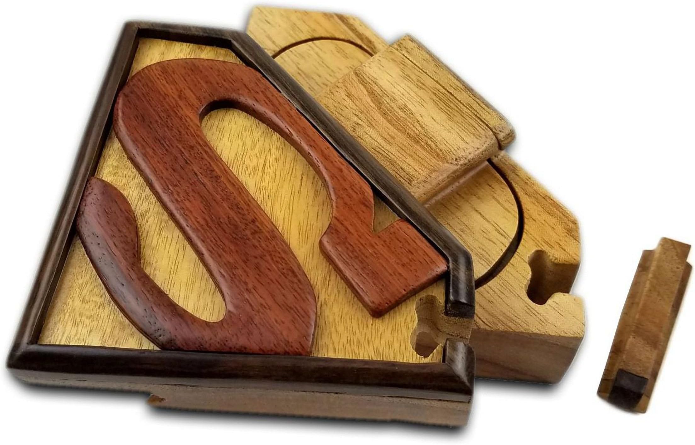 Superman All Natural Exotic Woods Puzzle Box, 5.5 x 4 x 2.5" with Sliding Wooden Key Lock, Sliding Cover and Inner Lid to Hidden Compartment. Hand-made Wood Onlay Design on Lid.