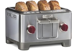 Wolf Gourmet 4-Slice Extra-Wide Slot Toaster with Shade Selector, Bagel and Defrost Settings, Red Knob, Stainless Steel (WGTR154S)