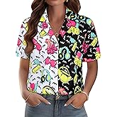 MYMORE 80s 90s Outfits for Women Retro 80's Print Short Sleeve Button Down Shirt Disco Party Hawaiian Shirts