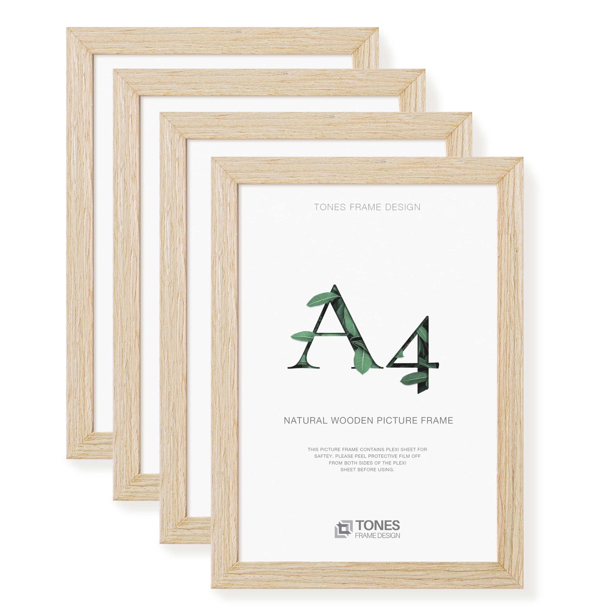 TONES FRAME DESIGN A4 Photo Frame 4 Pack, 21 x 29.7 cm, Wooden Picture Frames with Oak Veneer, Shatter-Resistant Plexiglass, Wall Frames for Portrait or Landscape, Certificates, Prints, Photographs