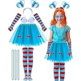 Dnicukii 8PCS Blue Tulle Tutu Costume Set Tulle Tutu Skirt With Butterfly, Headband, Glasses, Necklace, Blue Red Striped High Socks and Gloves for Halloween Cosplay