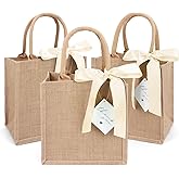 Cute Leaf 6 Pack Burlap Tote Bags with Handles Reusable Small Jute Gift Bags with Light Beige Silk Ribbons Waterproof Lining for Wedding Bridesmaid Mother's Day Bachelorette Beach Party