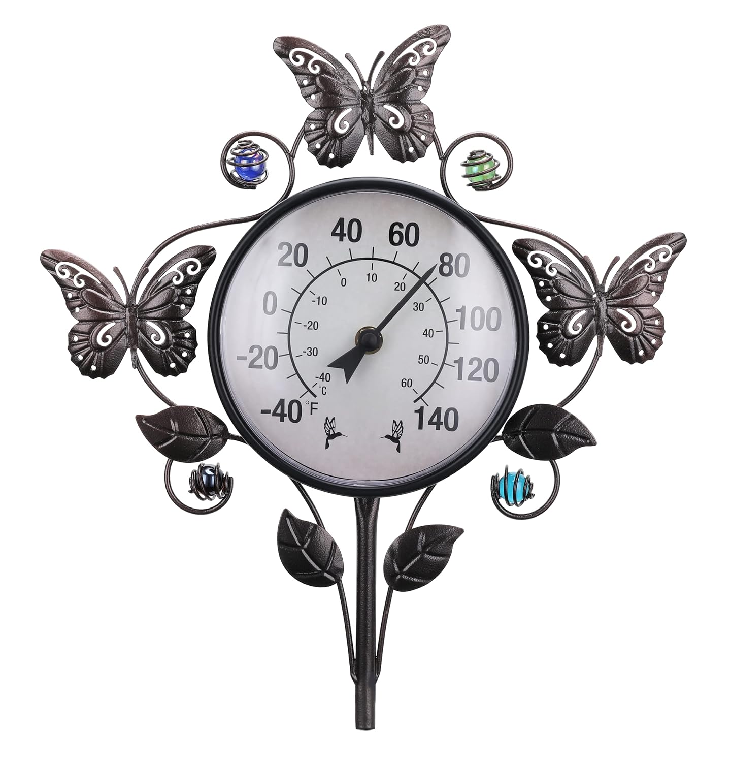 Outdoor Thermometer-Thermometer for Outside Temperature - Metal Stake Thermometer and Hygrometer Outdoor Garden Decor Butterfly and Leaf