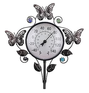Outdoor Thermometer-Thermometer for Outside Temperature - Metal Stake Thermometer and Hygrometer Outdoor Garden Decor Butterfly and Leaf