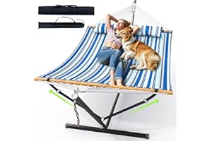 ANAGOO Double Hammock with Stand for Outdoor, Heavy Duty Portable Hammock with Adjustable Steel Stand for Patio, Garden, Beach, Backyard - Includes Carrying Bag,Blue