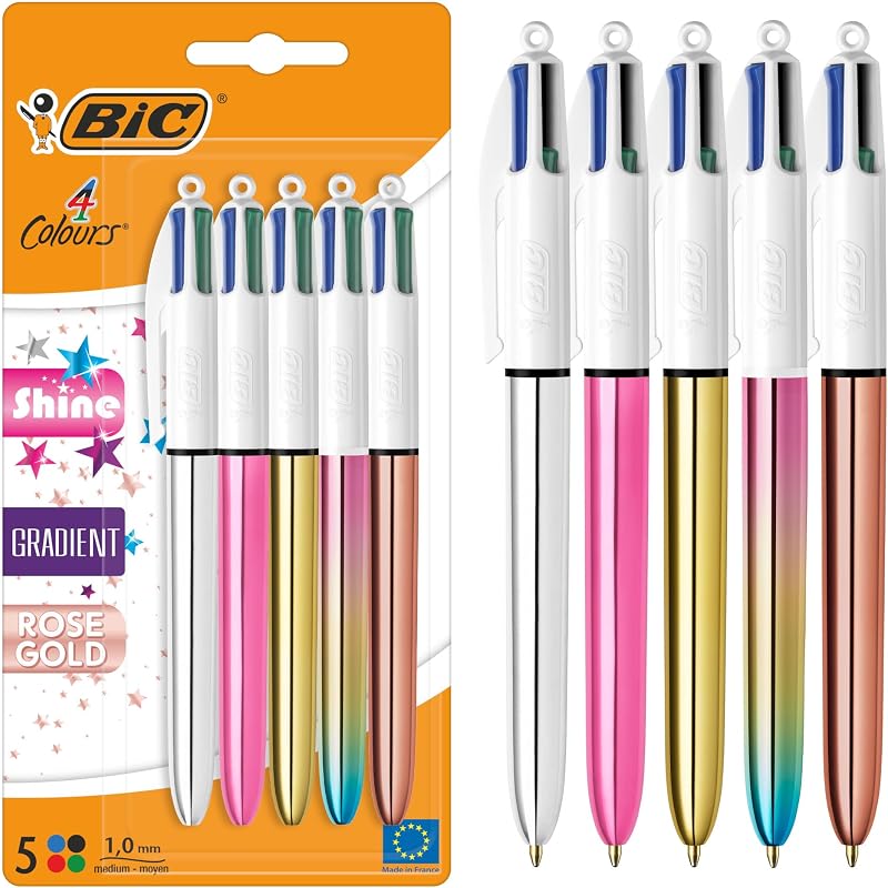 Bolígrafos retráctiles de 4 colores brillantes y degradados, punta media (1,00 mm) en plata metálica, oro, rosa, oro rosa y pastel degradado, paquete de 5