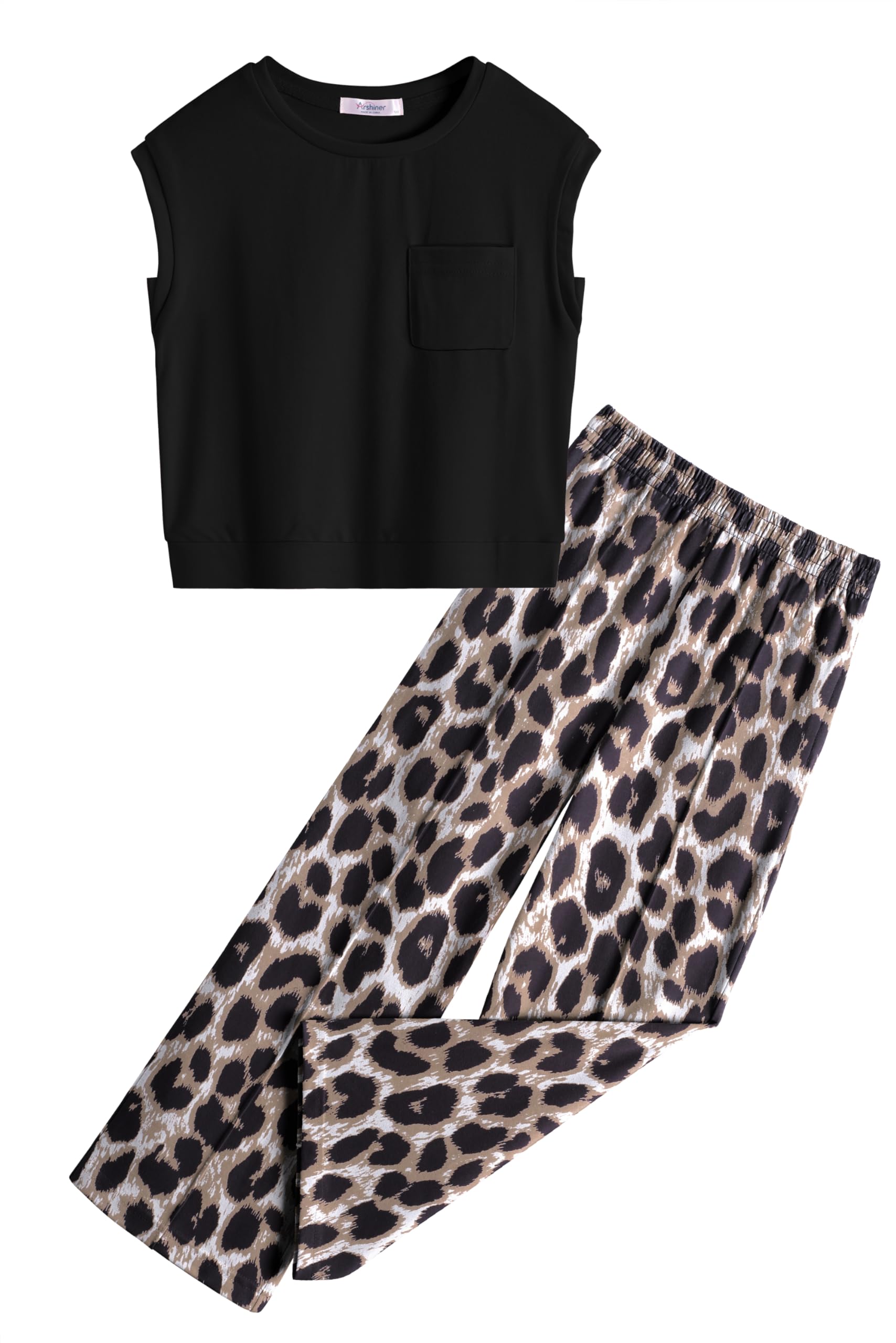 Photo 1 of Arshiner Clothes for Teen Girls 2 Piece Outfits Drop Shoulder Sleeve Top Leopard Wide Leg Pants Sets with Pockets