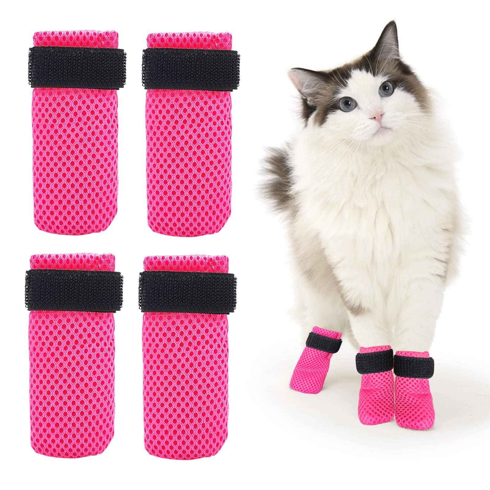 caichuxiye Cat Boots,paw Covers Anti-Scratch Cat Foot Covers for Cats Adjustable Mesh Cat Claw Protectors Non-Slip Breathablesuitable for Family Pet Cat Bathing and Nail Cutting (4 Pieces) (Rose, L)