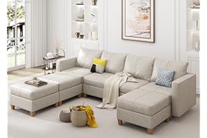 EASE MOOSE Modular Sofa U Shaped Couch with Storage Ottomans, Faux Leather Modular Sectional Sofa Sectional Couches for Living Room, Whitesand Leather Sectional Sofa