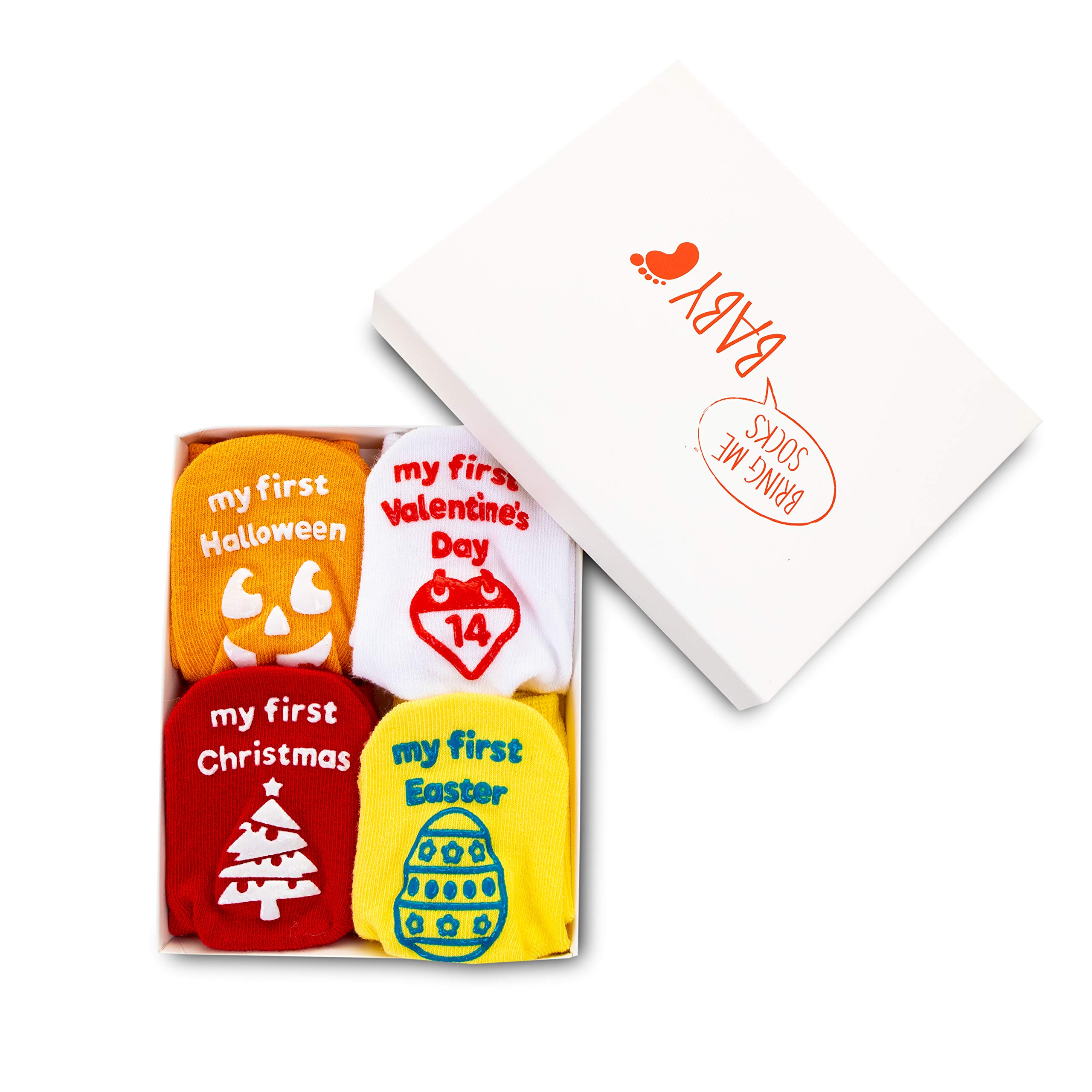 Baby Socks Gift Set - Unique Baby Shower or Newborn Gift - 4 Pairs of Cute Baby Milestones In Gift Box - Halloween, Christmas, Valentines, Easter