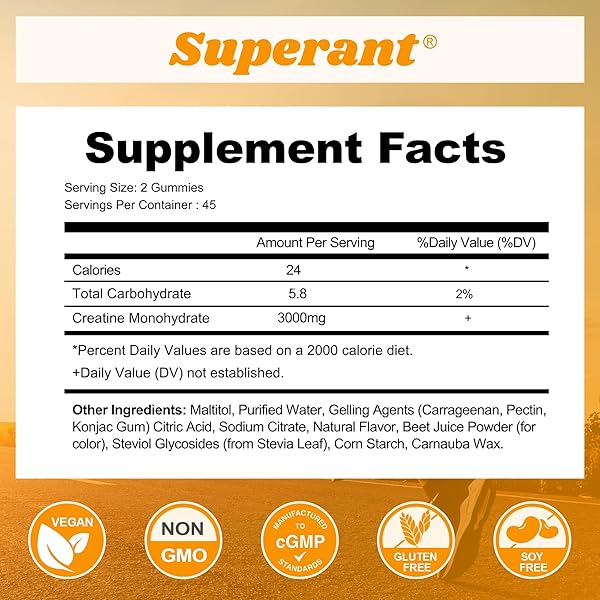 SUPERANT CREATINE MONOHYDRATE GUMMIES FOR MEN & WOMEN, 1.5G OF CREATINE PER GUMMY, BOOST FOCUS, STRENGTH, AND ENDURANCE, VEGAN, GLUTEN-FREE, NON-GMO, 90 GUMMIES