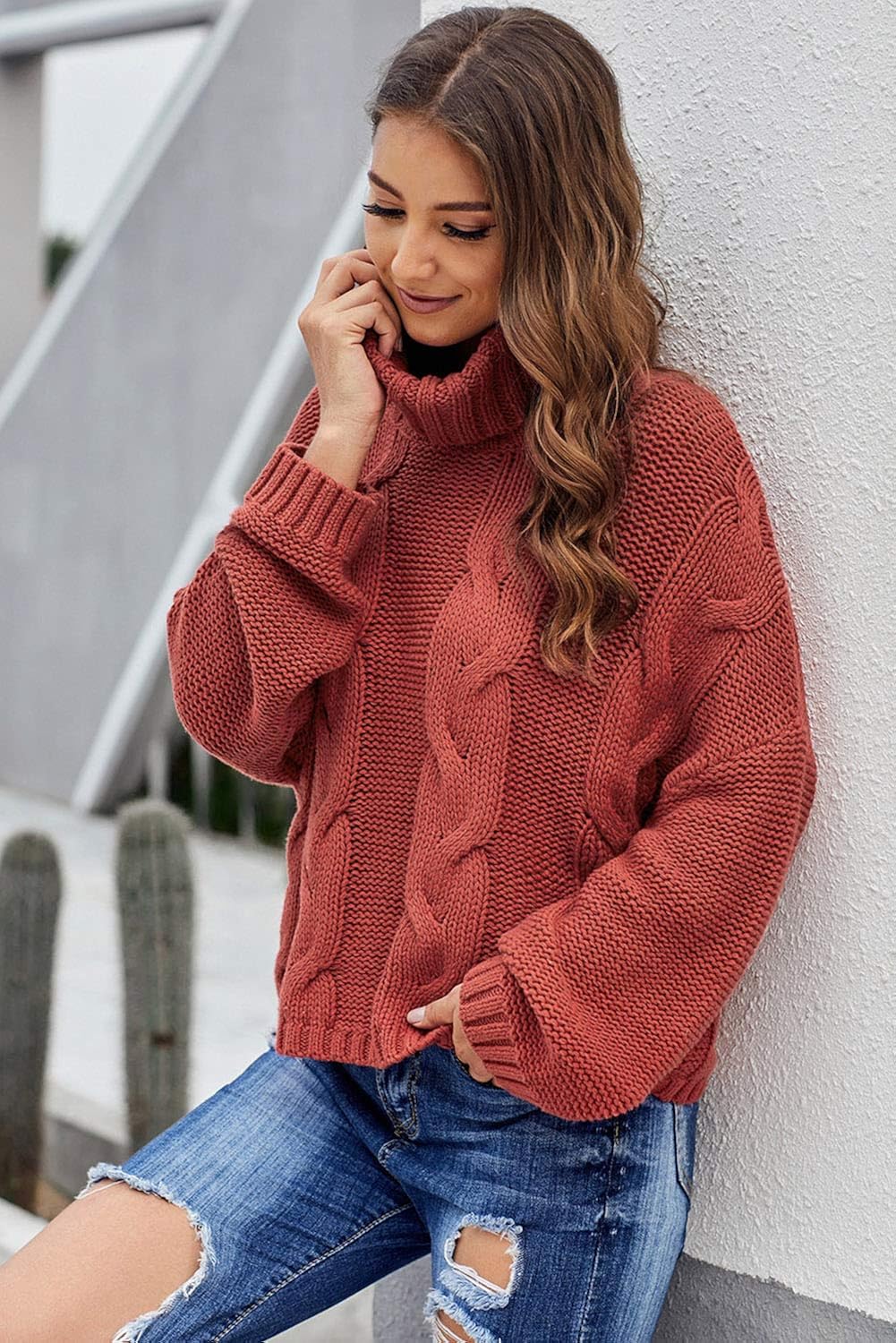 Dokotoo Women Solid Turtleneck Balloon Long Sleeve Sweaters Pullover Outerwear at  Women’s Clothing store