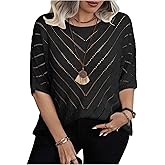 BEAUDRM Women's Plus Size Crochet Sweater Hollow Out Lightweight Sweater Crew Neck Half Sleeve Summer Spring Autumn Knit Top